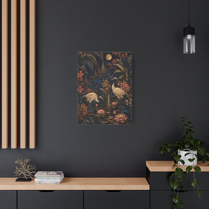 Moonlit Tropical Chinoiserie Crane Garden Tropical Wall Art & Canvas Print