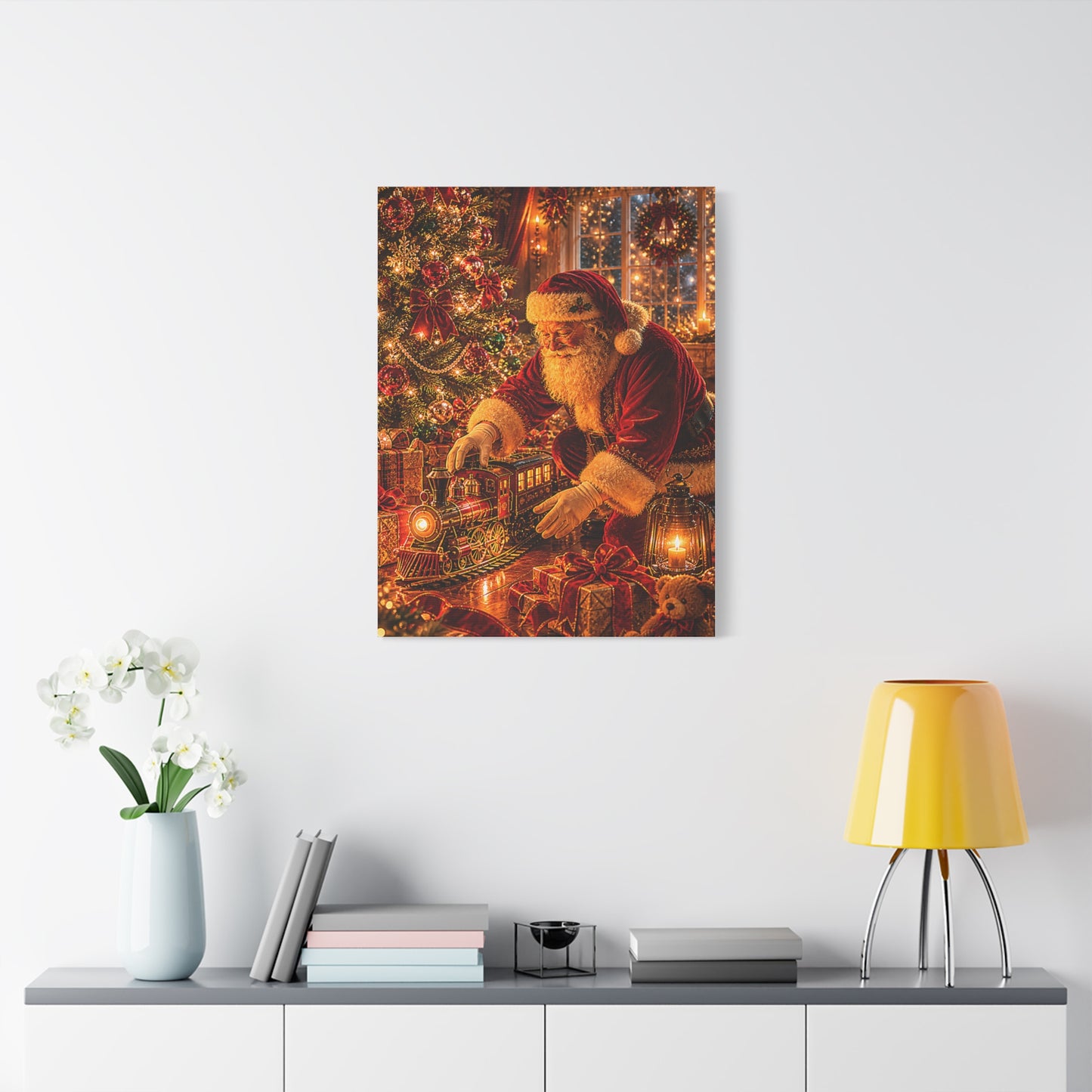 Santa Decorating the Christmas Train Wall Art & Canvas Print