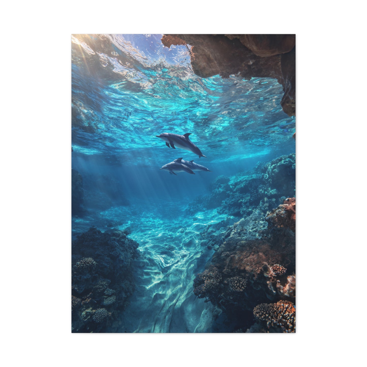 Dolphins Swimming Beneath Sunlit Ocean Waters Wall Art & Canvas Print