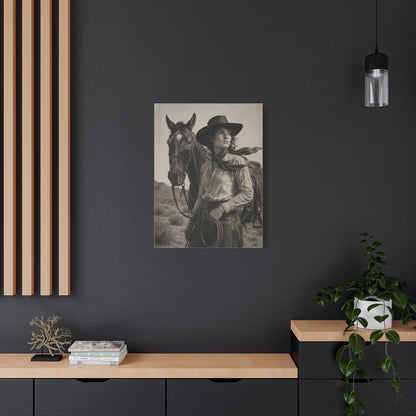 Black & White Cowgirl Portrait with Horse Wall Art & Canvas Print