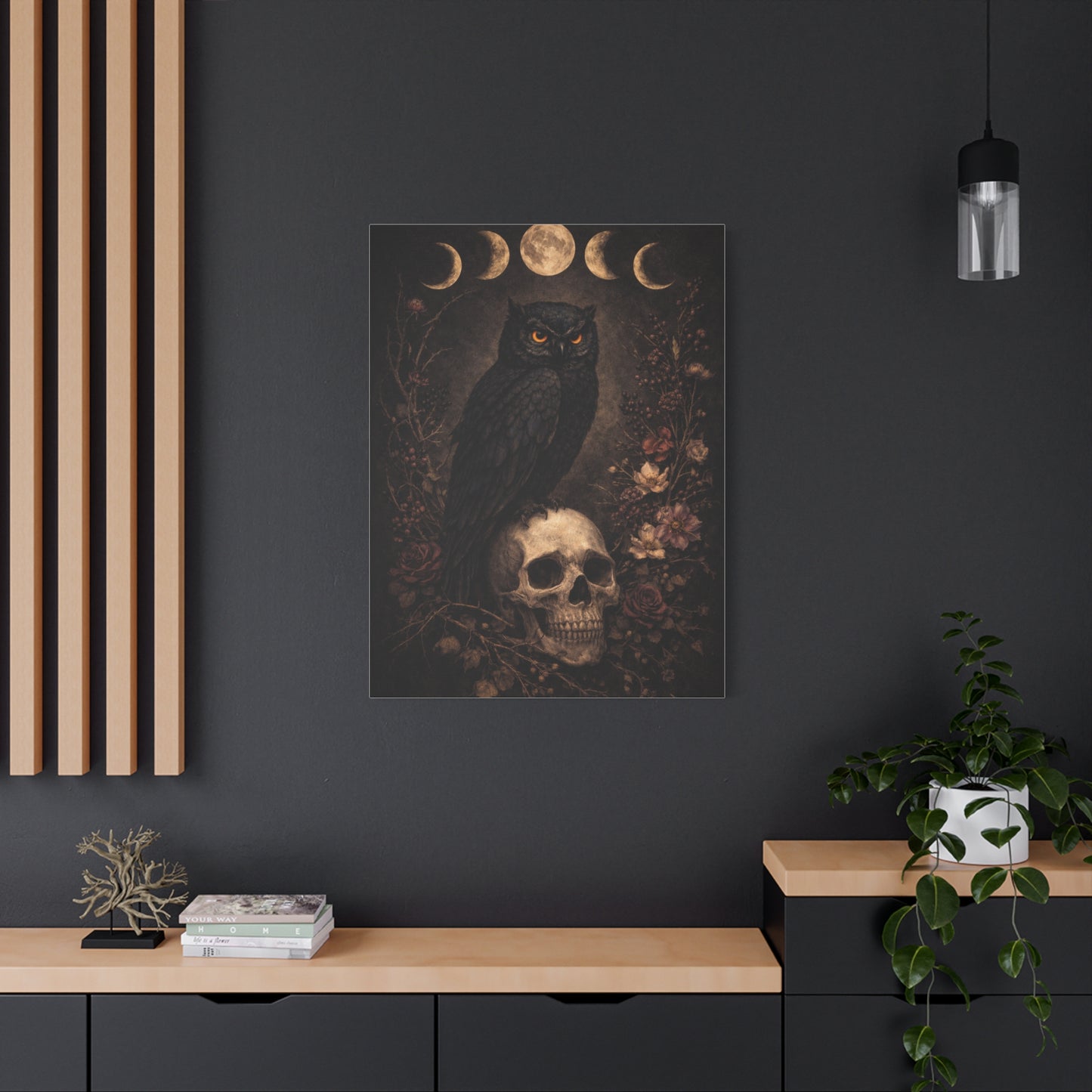Gothic Moon Phase Owl Skull Wall Art & Canvas Print