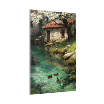 Spring Farmhouse Stream Scene Wall Art & Canvas Print