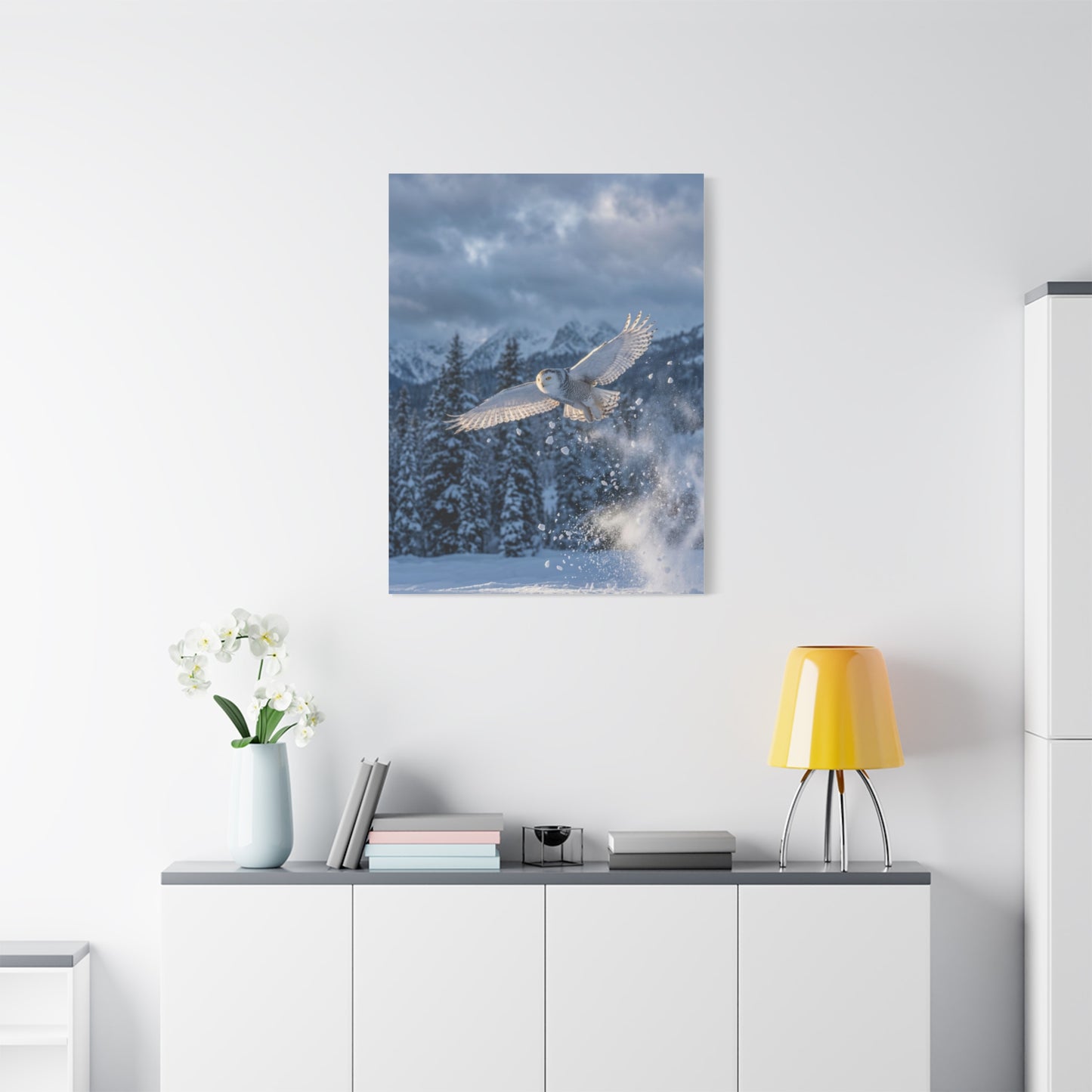 Snowy Owl Mountain Flight Wall Art & Canvas Print