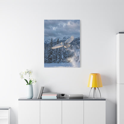 Snowy Owl Mountain Flight Wall Art & Canvas Print