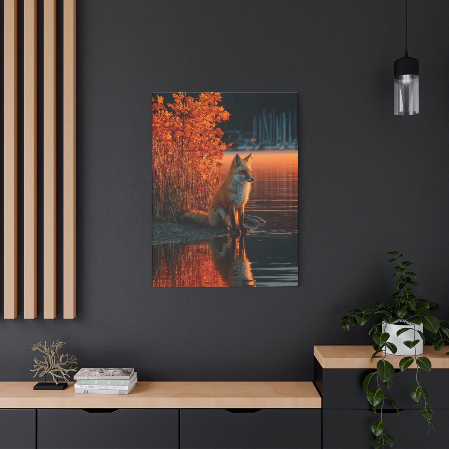 Autumn Lakeside Fox Reflection Wall Art & Canvas Print