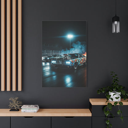 1970 Dodge Charger R/T vs 1970 Plymouth Barracuda Night Drag Duel Wall Art & Canvas Prints