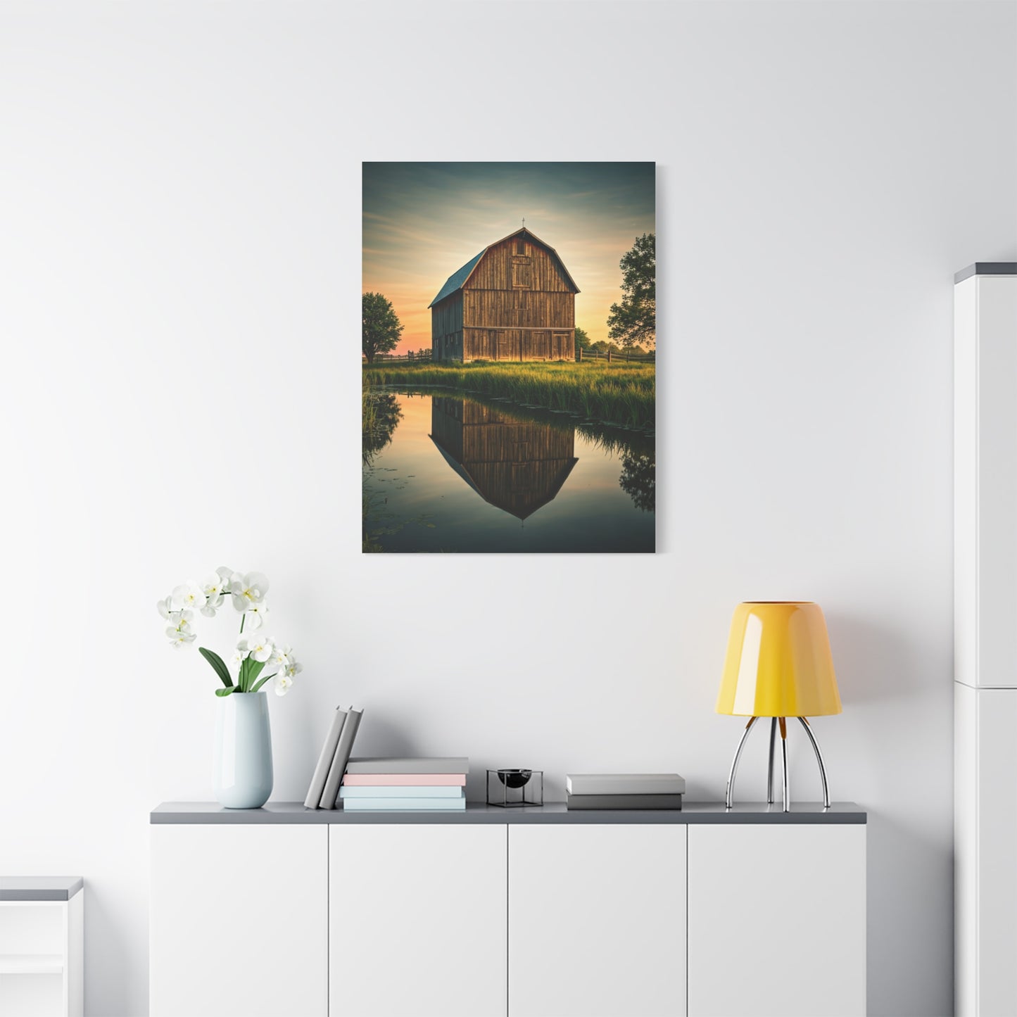 Reflected Barn in Tranquil Waters Wall Art & Canvas Prints