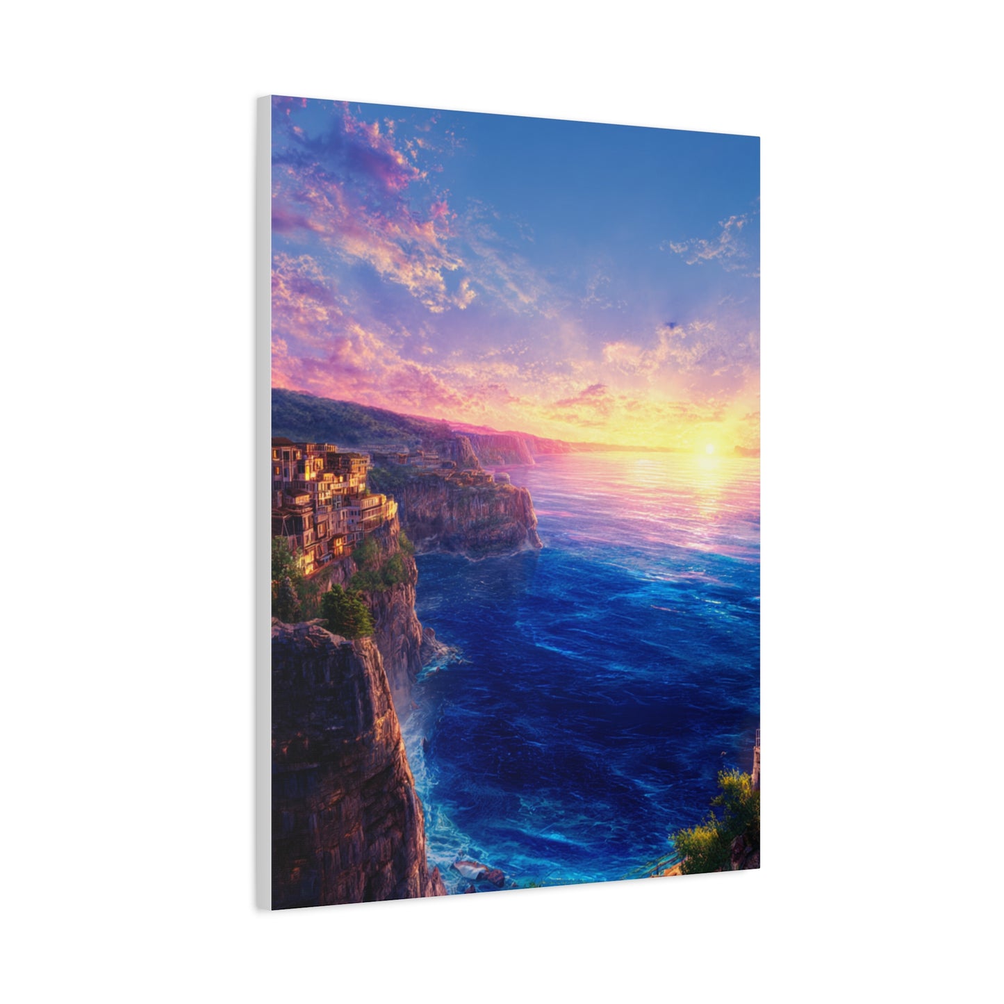 Coastal Village Cliffs at Golden Sunset Wall Art & Canvas Print