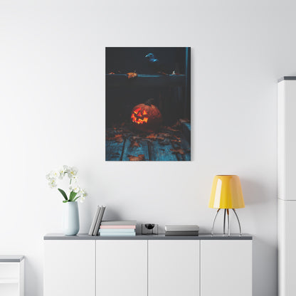 Jack-O’-Lantern and Crow on Moonlit Porch Wall Art & Canvas Print
