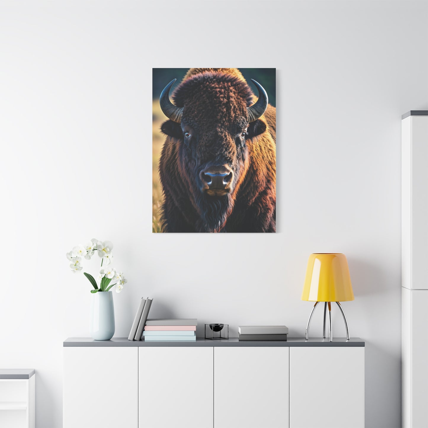 Dramatic Frontal Bison with Warm Copper Tones Wall Art & Canvas Print