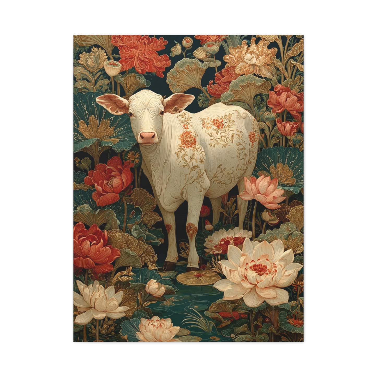 Pichwai White Cow Lotus Garden Wall Art & Canvas Print