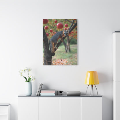Orchard Gray Fox Climbing Apple Tree Wall Art & Canvas Print