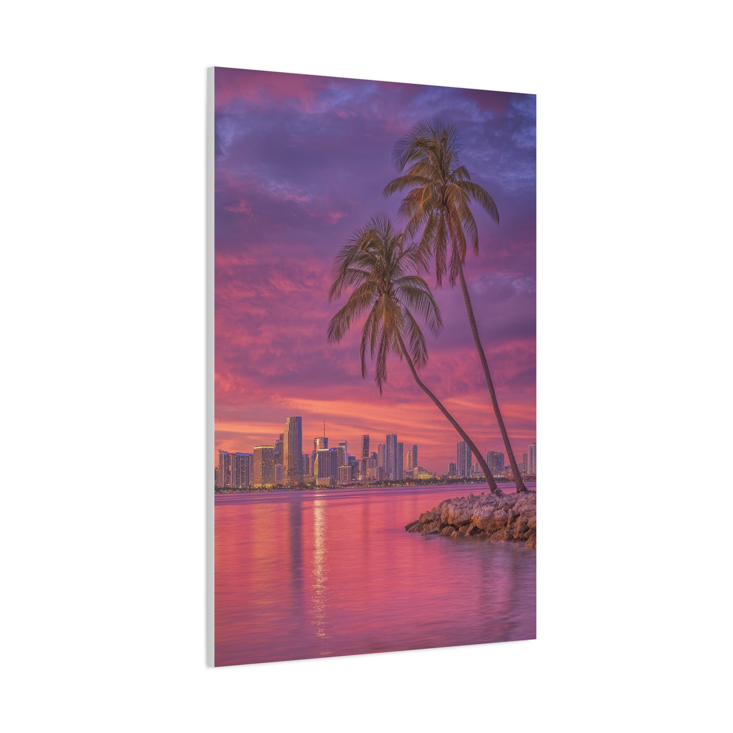 Miami Skyline Tropical Sunset With Palm Trees Wall Art & Canvas Print