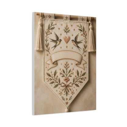 Hand-Embroidered Romantic Birds Textile Wall Art & Canvas Print