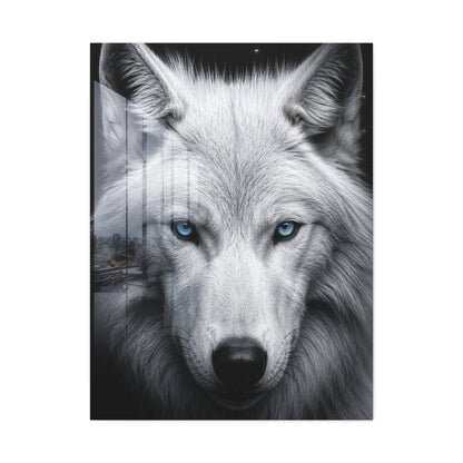 White Wolf Blue Eyes Monochrome Portrait Wall Art & Canvas Print