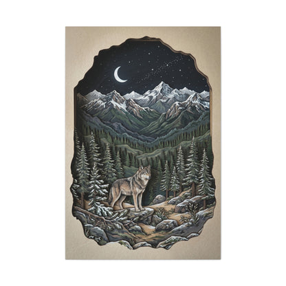 Night Forest Wolf Framed Relief Landscape Wall Art & Canvas Print