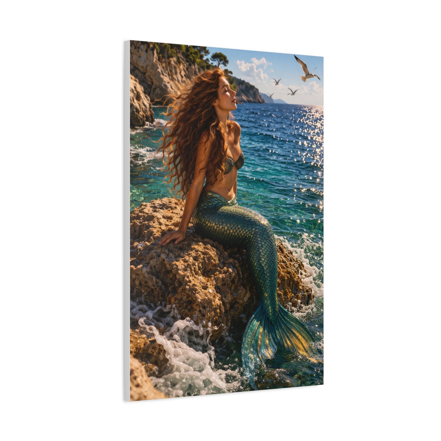 Sunlit Coastal Mermaid Escape Wall Art & Canvas Print