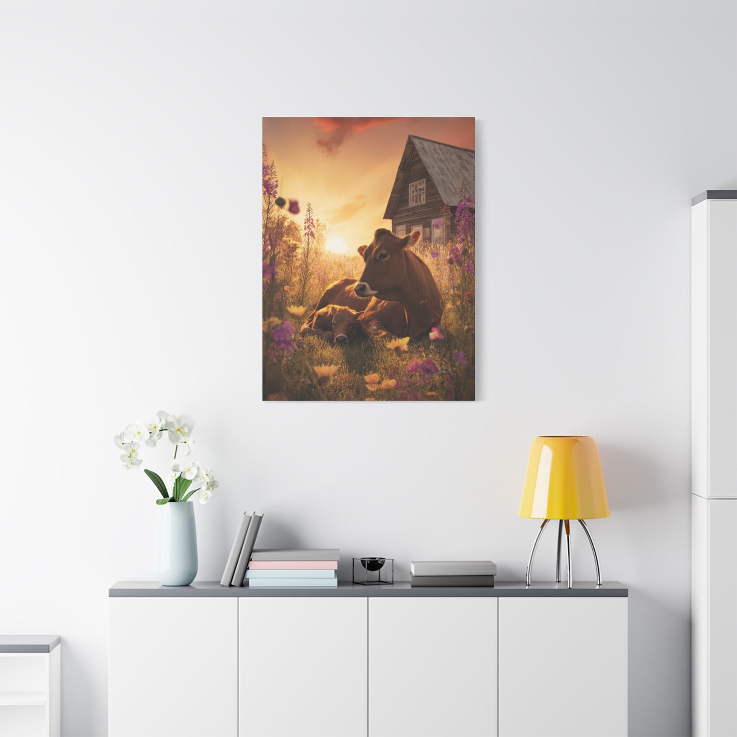 Sunset Farm Meadow Cow and Calf Wall Art & Canvas Print