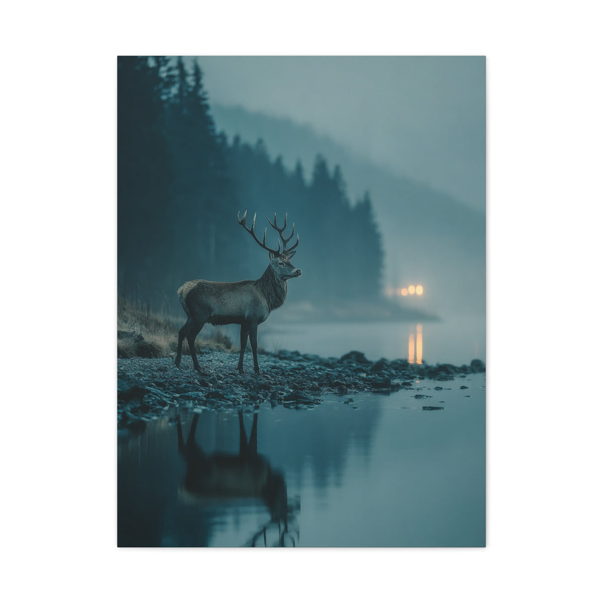 Blue Hour Lakeside Stag Reflection Wall Art & Canvas Print