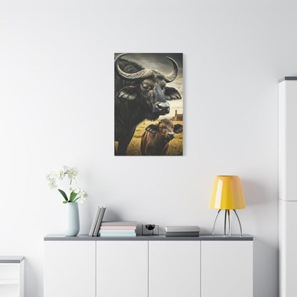 Cape Buffalo Herd Leader with Savannah Background Wall Art & Canvas Print