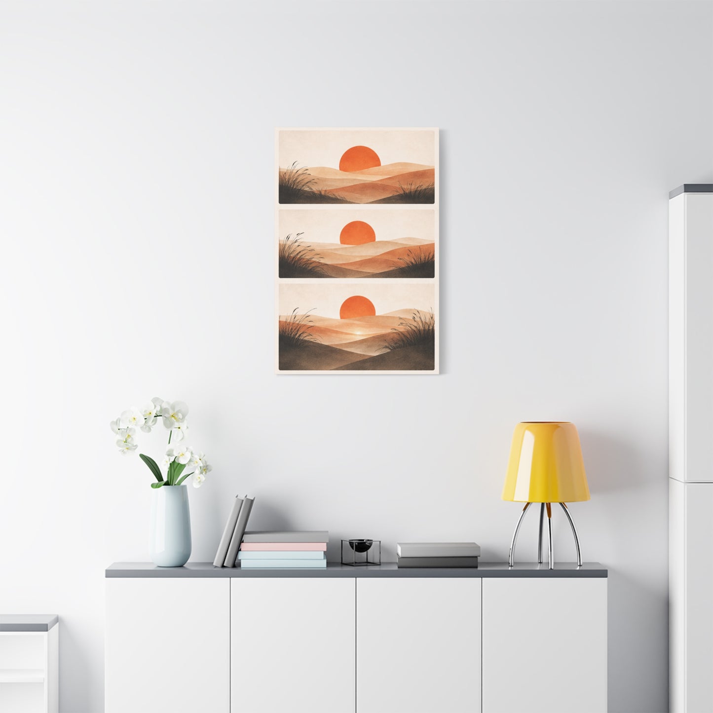 Japandi Orange Sun Triptych Landscape Wall Art & Canvas Print