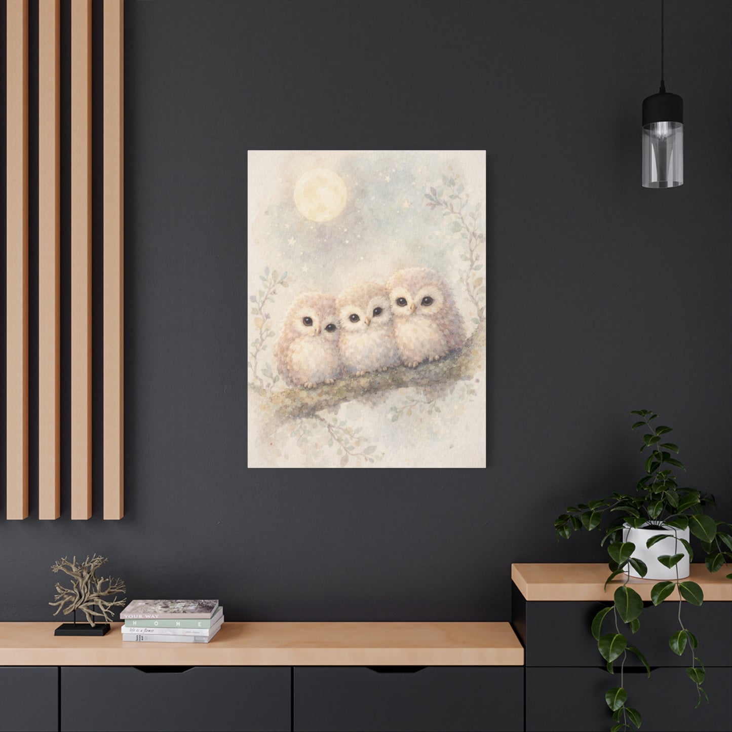 Moonlit Owlet Trio Watercolor Wall Art & Canvas Print