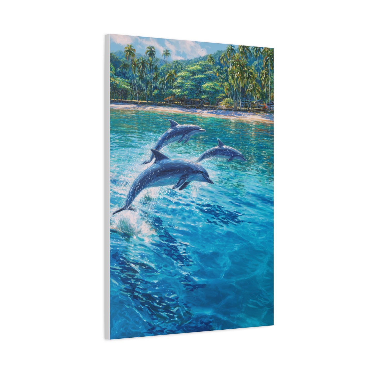 Dolphins Leaping Near Tropical Coastline Wall Art & Canvas Print