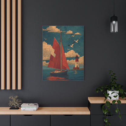 Primitive Coastal Sailboat Folk Wall Art & Canvas Print