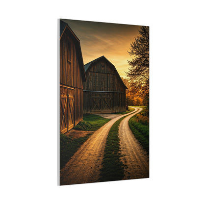 Country Road Between Rustic Barns at Golden Hour Wall Art & Canvas Prints