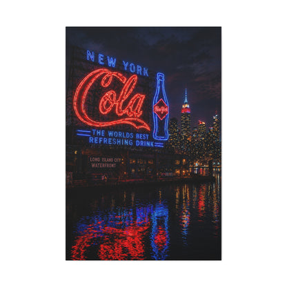 Neon Waterfront Skyline Cola Sign Wall Art & Canvas Print