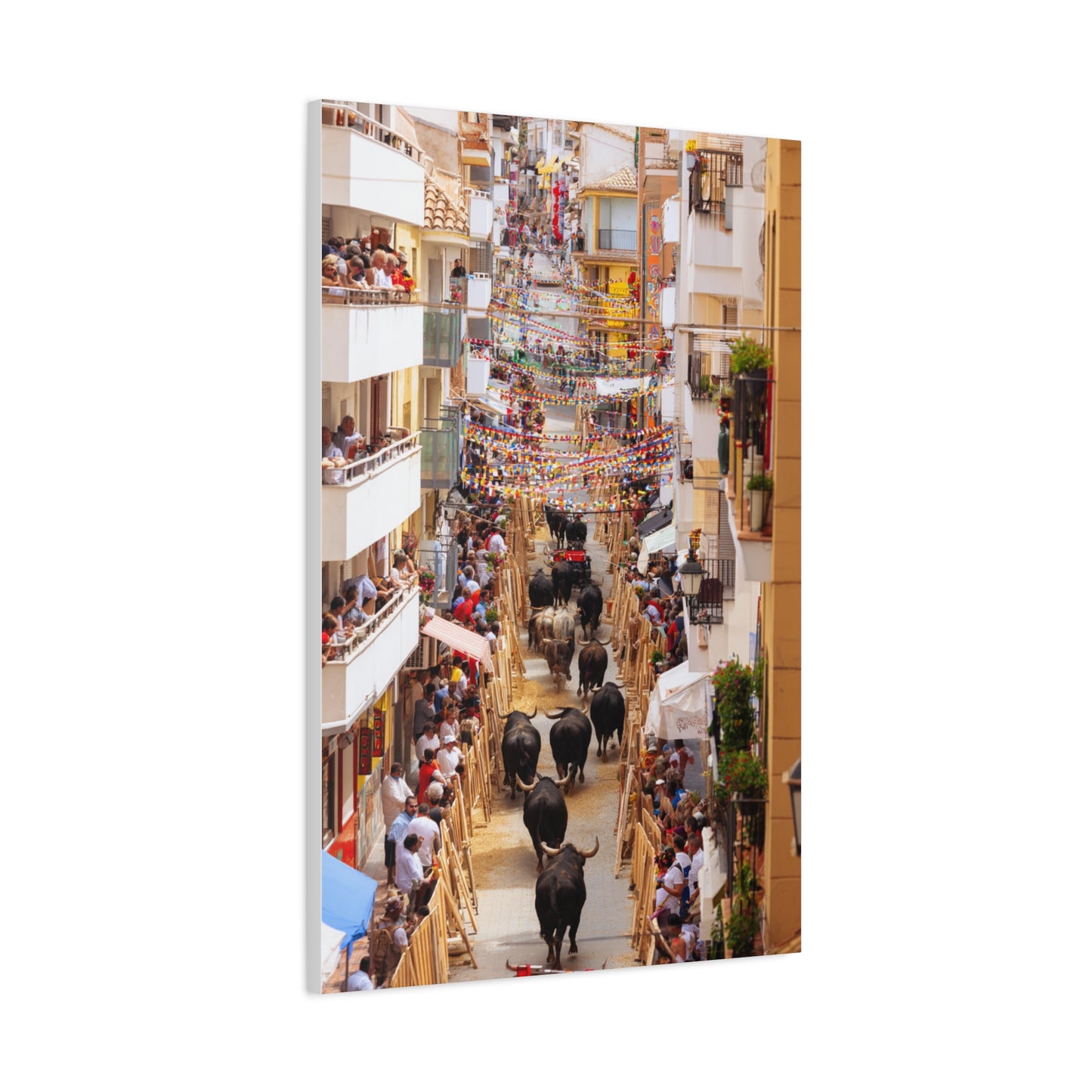 Spanish Village Bull Festival Street Scene Wall Art & Canvas Print