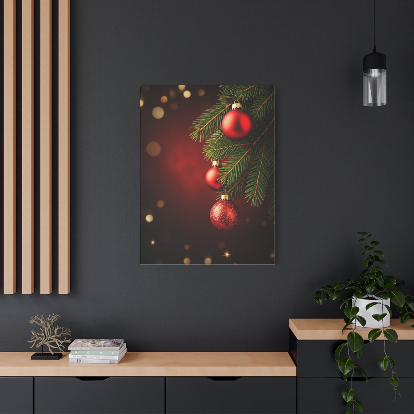 Red Christmas Tree Ornaments on Pine Branch Wall Art & Canvas Print