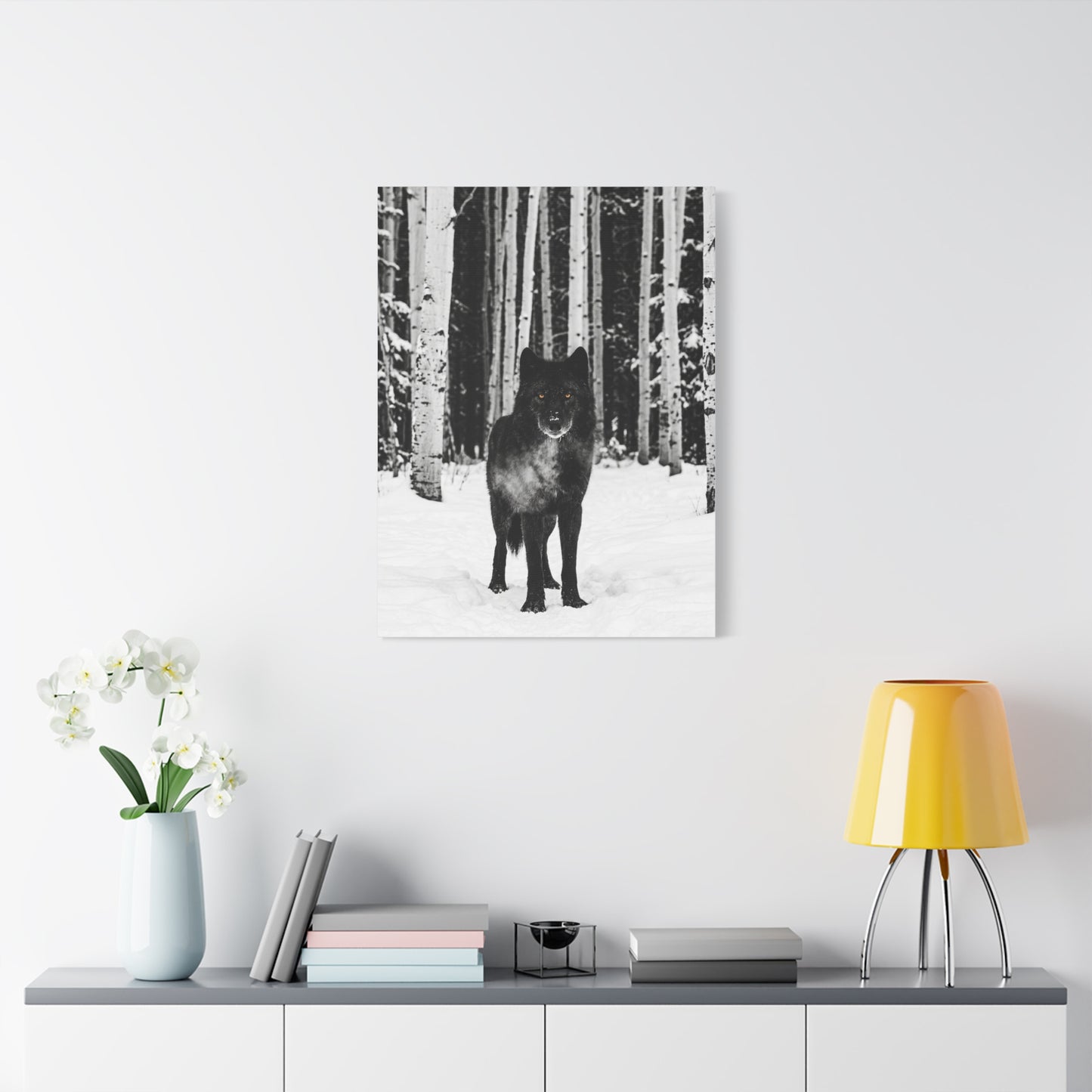 Snow Forest Black Wolf Minimal Scene Wall Art & Canvas Print