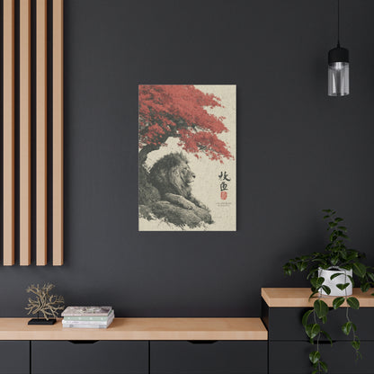 Lion Under Red Maple Zen Composition Wall Art & Canvas Print
