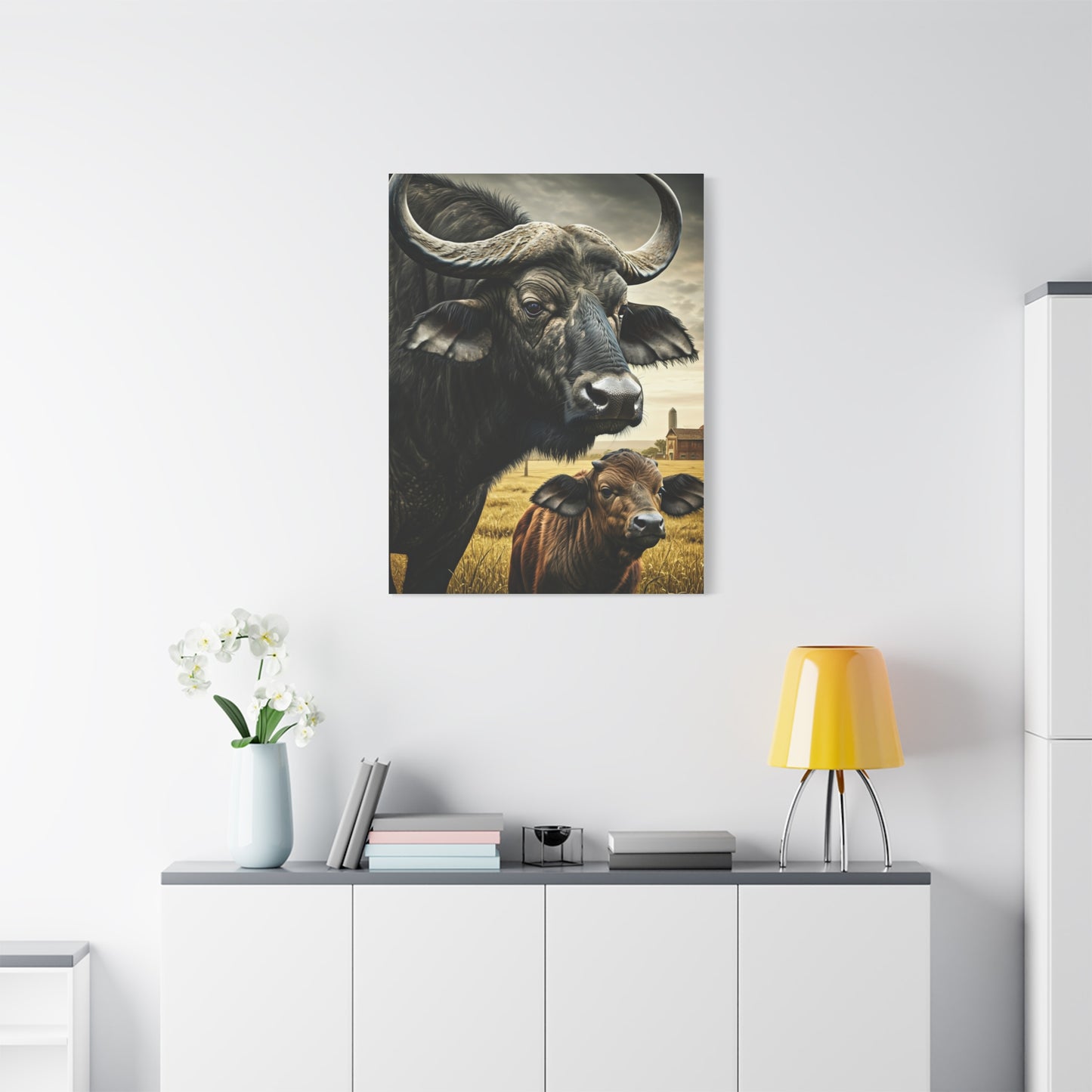 Cape Buffalo Herd Leader with Savannah Background Wall Art & Canvas Print
