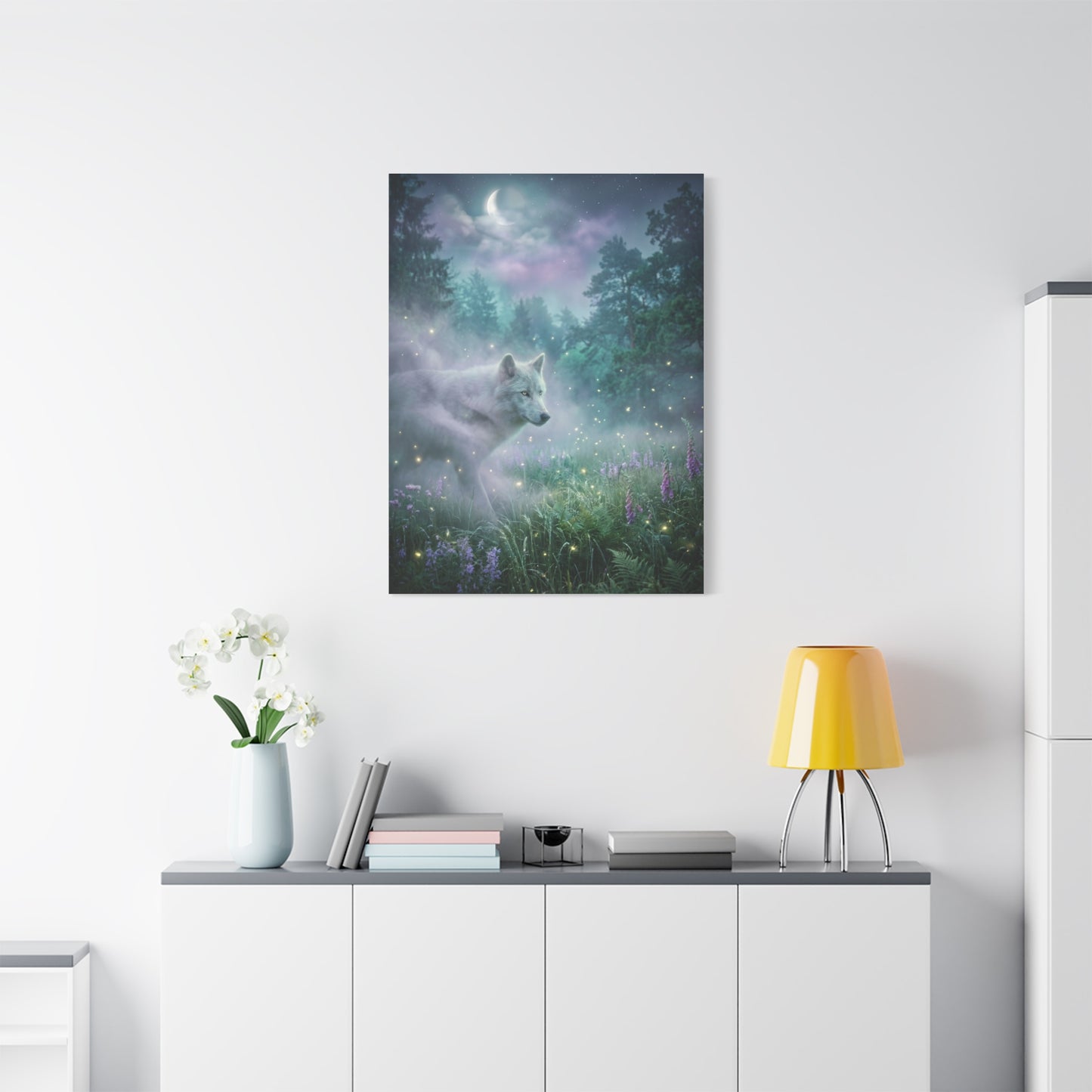 Ethereal White Wolf Moonlit Meadow Scene Wall Art & Canvas Print
