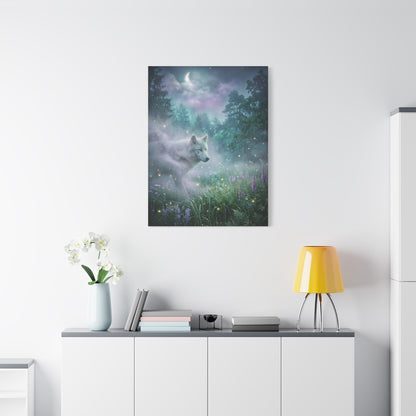 Ethereal White Wolf Moonlit Meadow Scene Wall Art & Canvas Print