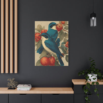 Blue Folk Birds Pomegranate Wall Art & Canvas Print