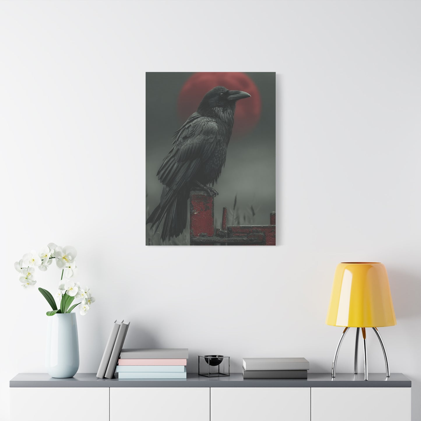 Raven Beneath the Crimson Moon Wall Art & Canvas Print