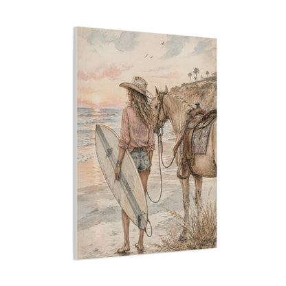 Surf Cowgirl Beach Horizon Scene Wall Art & Canvas Print