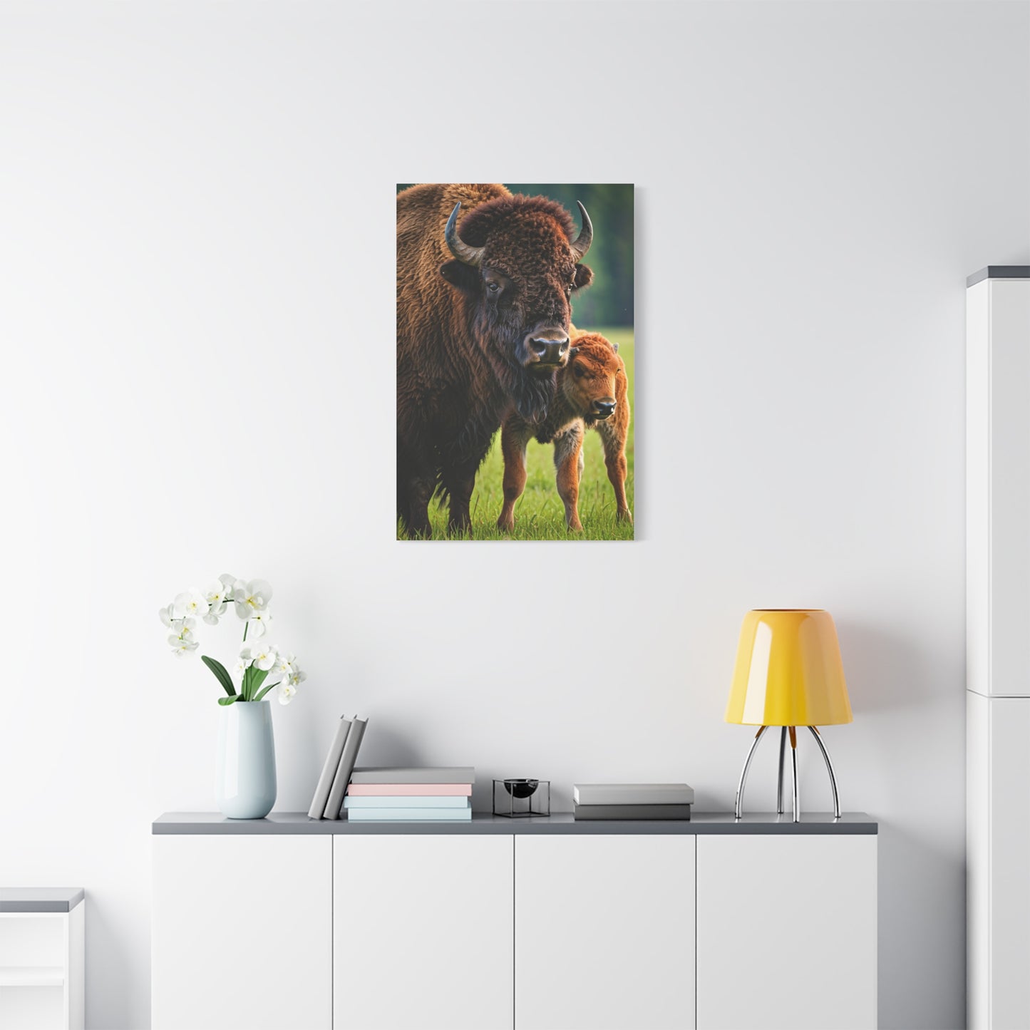 American Bison with Calf in Prairie Light Wall Art & Canvas Print