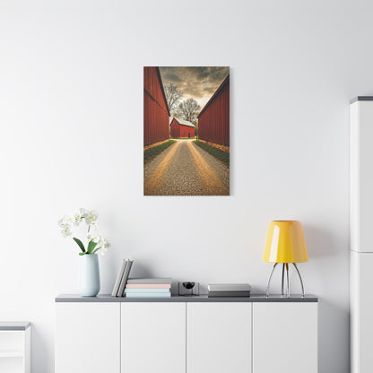 Country Lane Between Red Barns Wall Art & Canvas Prints