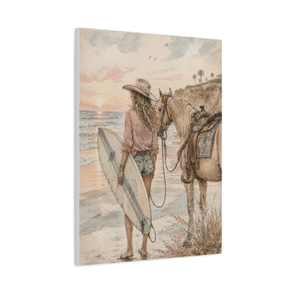 Surf Cowgirl Beach Horizon Scene Wall Art & Canvas Print