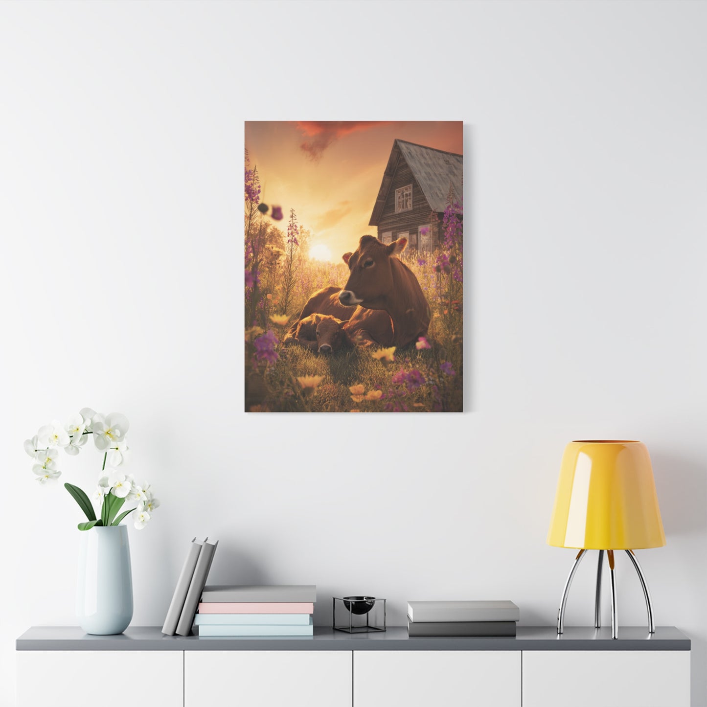 Sunset Farm Meadow Cow and Calf Wall Art & Canvas Print