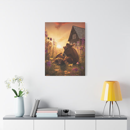 Sunset Farm Meadow Cow and Calf Wall Art & Canvas Print