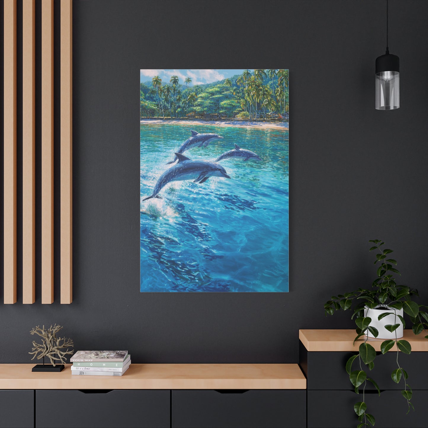 Dolphins Leaping Near Tropical Coastline Wall Art & Canvas Print