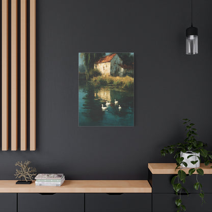 Farmhouse Pond with Ducks Reflection Wall Art & Canvas Print