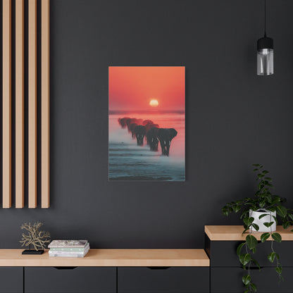 Elephant Herd Sunset Journey Wall Art & Canvas Print