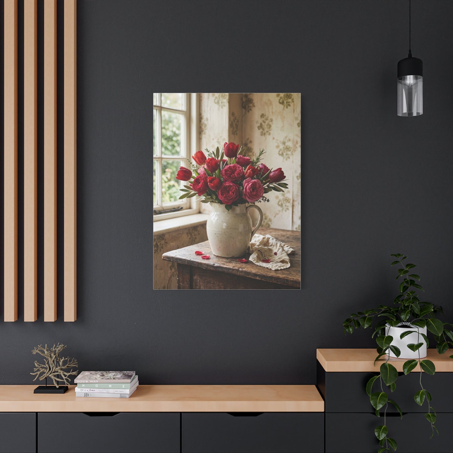 English Cottage Red Tulip Still Life Wall Art & Canvas Print