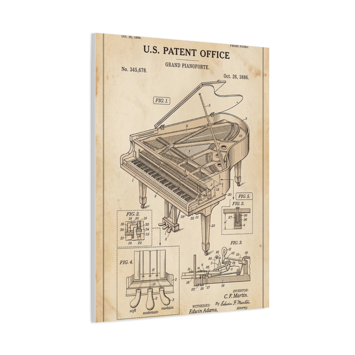 Vintage Grand Piano Patent Illustration Wall Art & Canvas Print